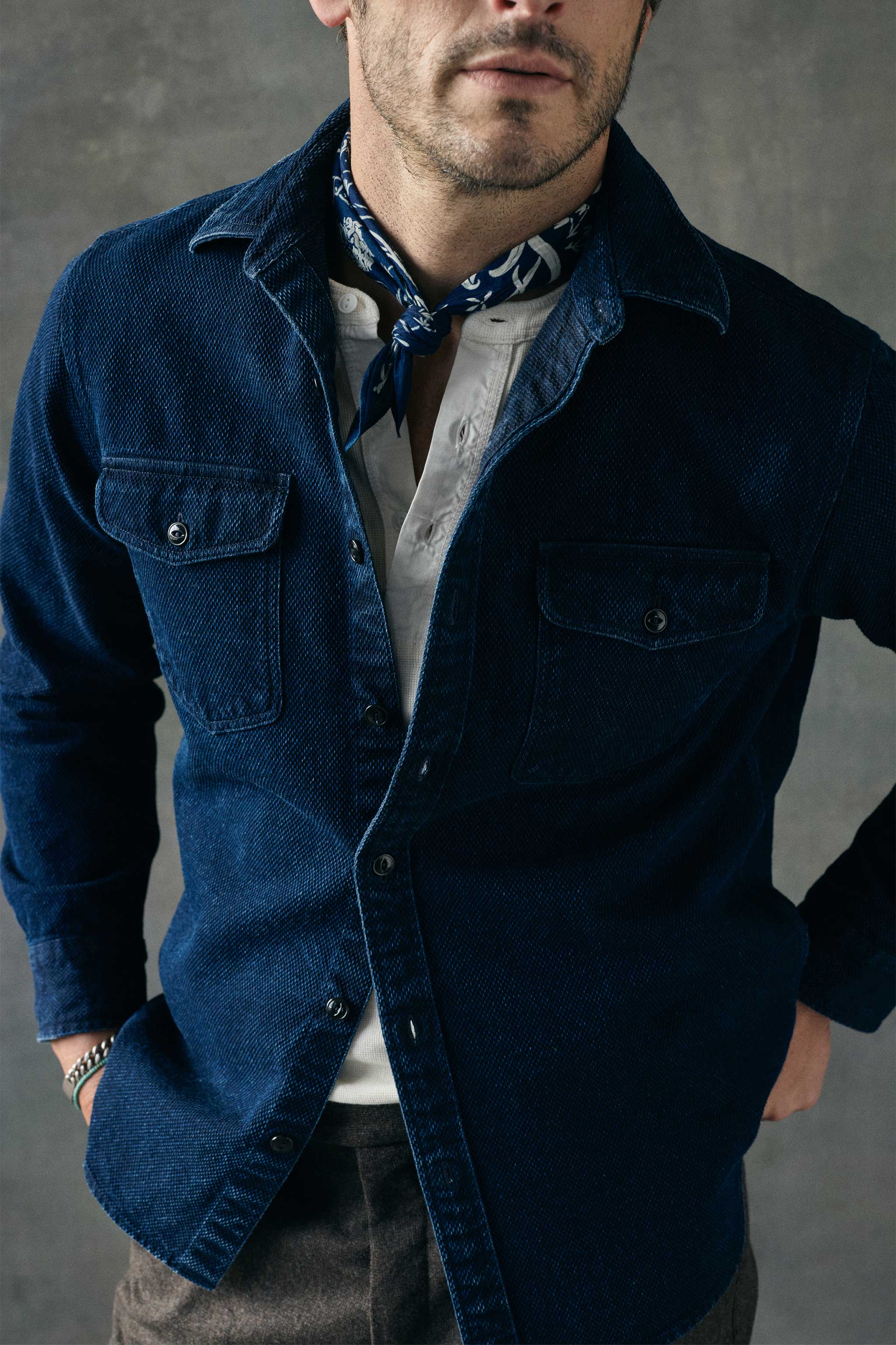 2PMイジュノINDIGO Judd Indigo Dobby Overshirt in Dark Indigo – RIVAY