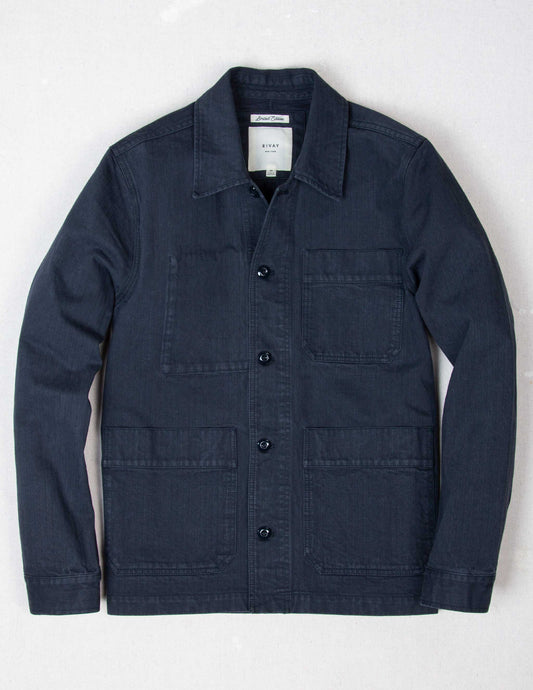 Japanese Cotton Herringbone Chore Jacket in Navy