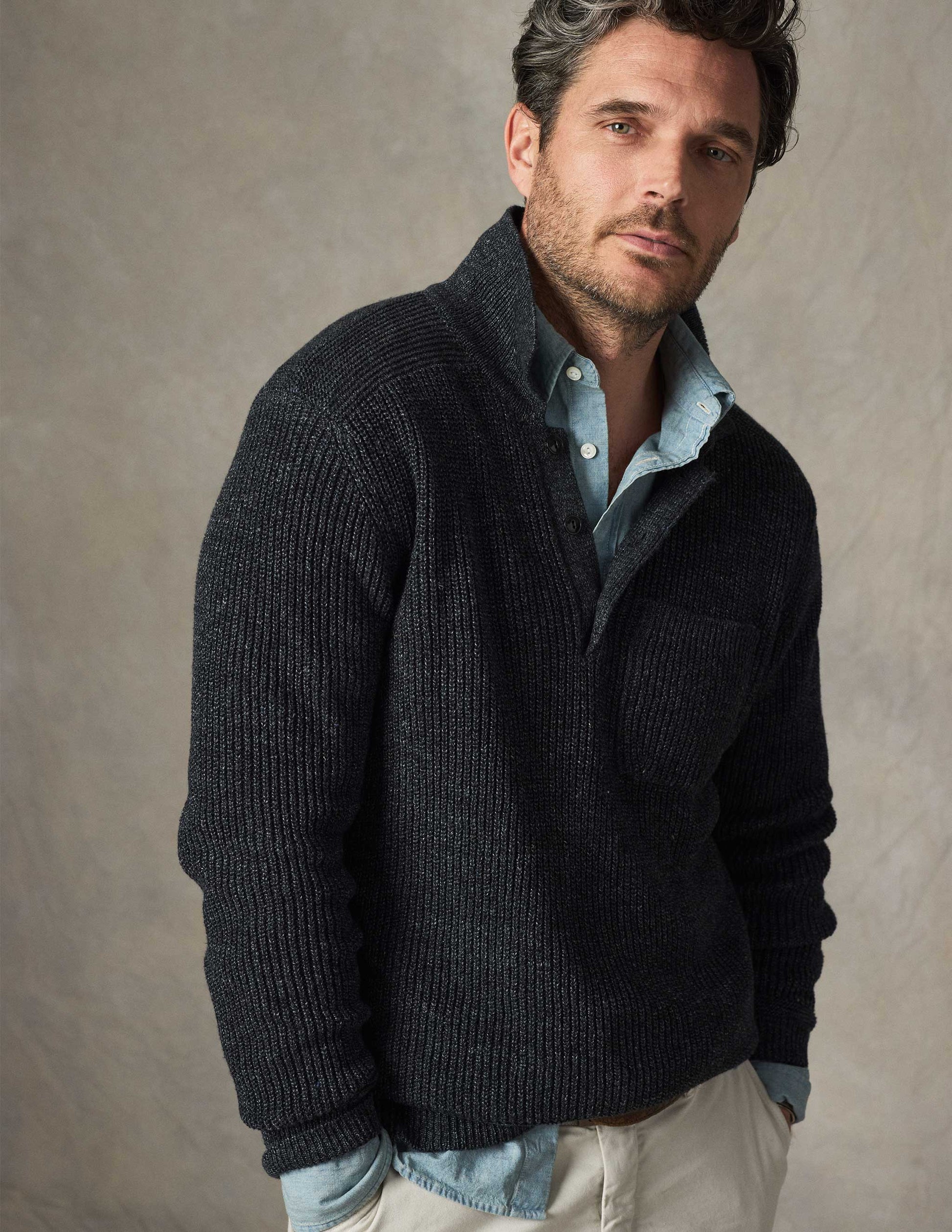Rivay Porto Linen Cotton Sweater in Black Marl
