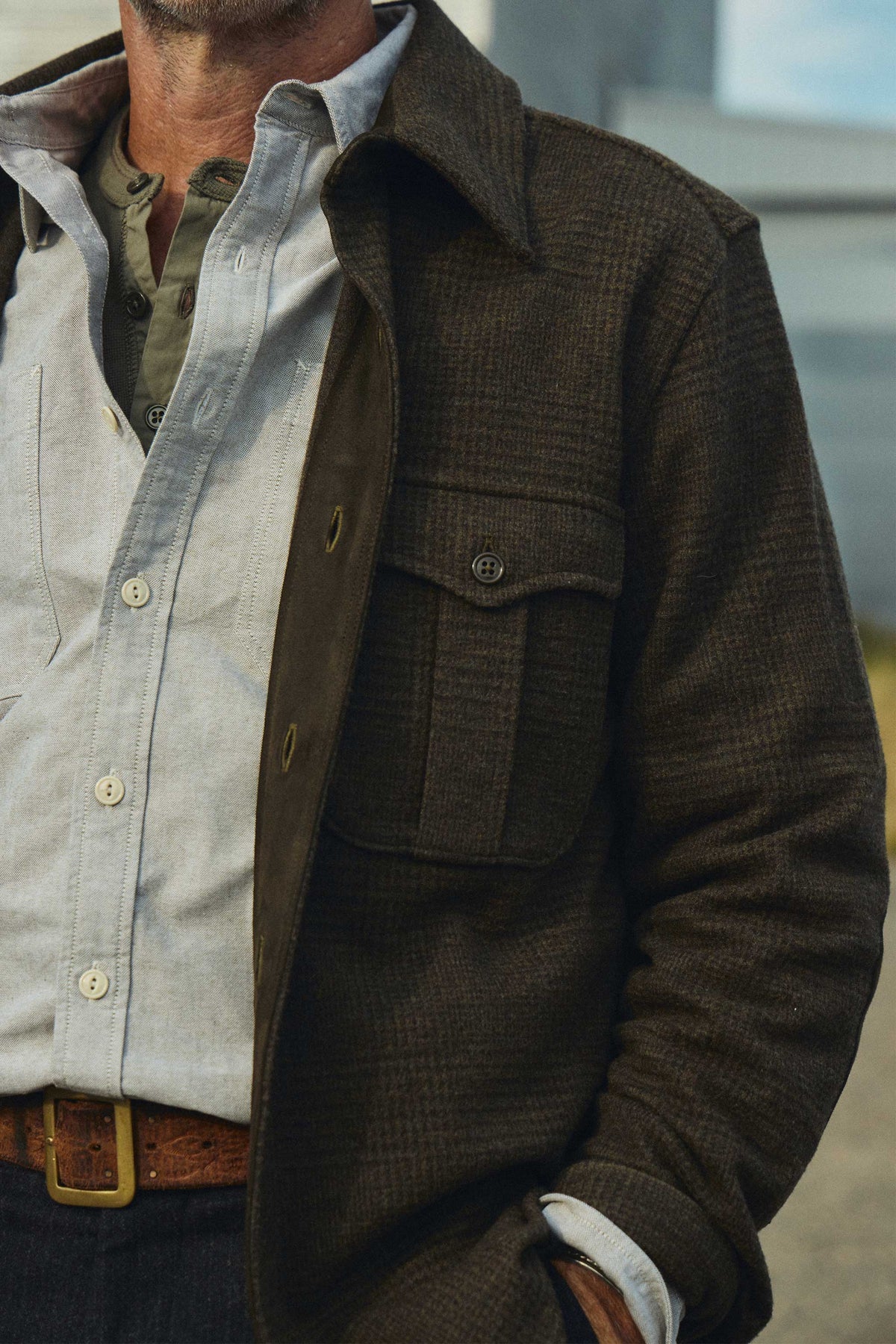 Meade Wool Glen Plaid Overshirt in Olive Drab