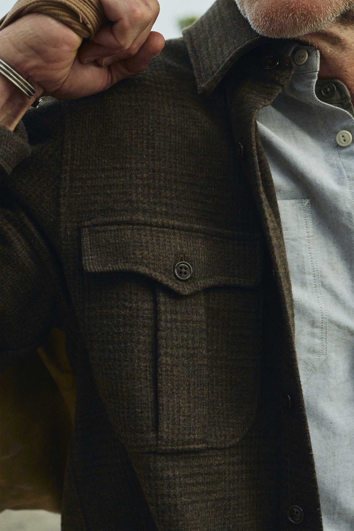 Meade Wool Glen Plaid Overshirt in Olive Drab