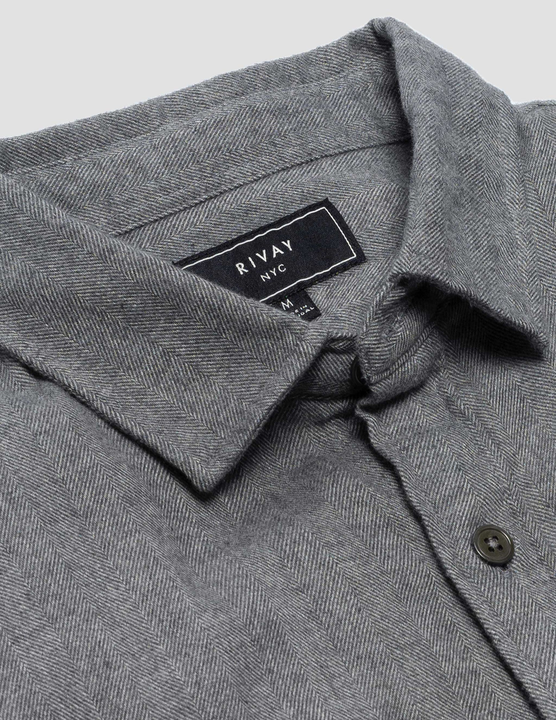 Rivay Miles Flannel Camp Shirt in Grey Herringbone