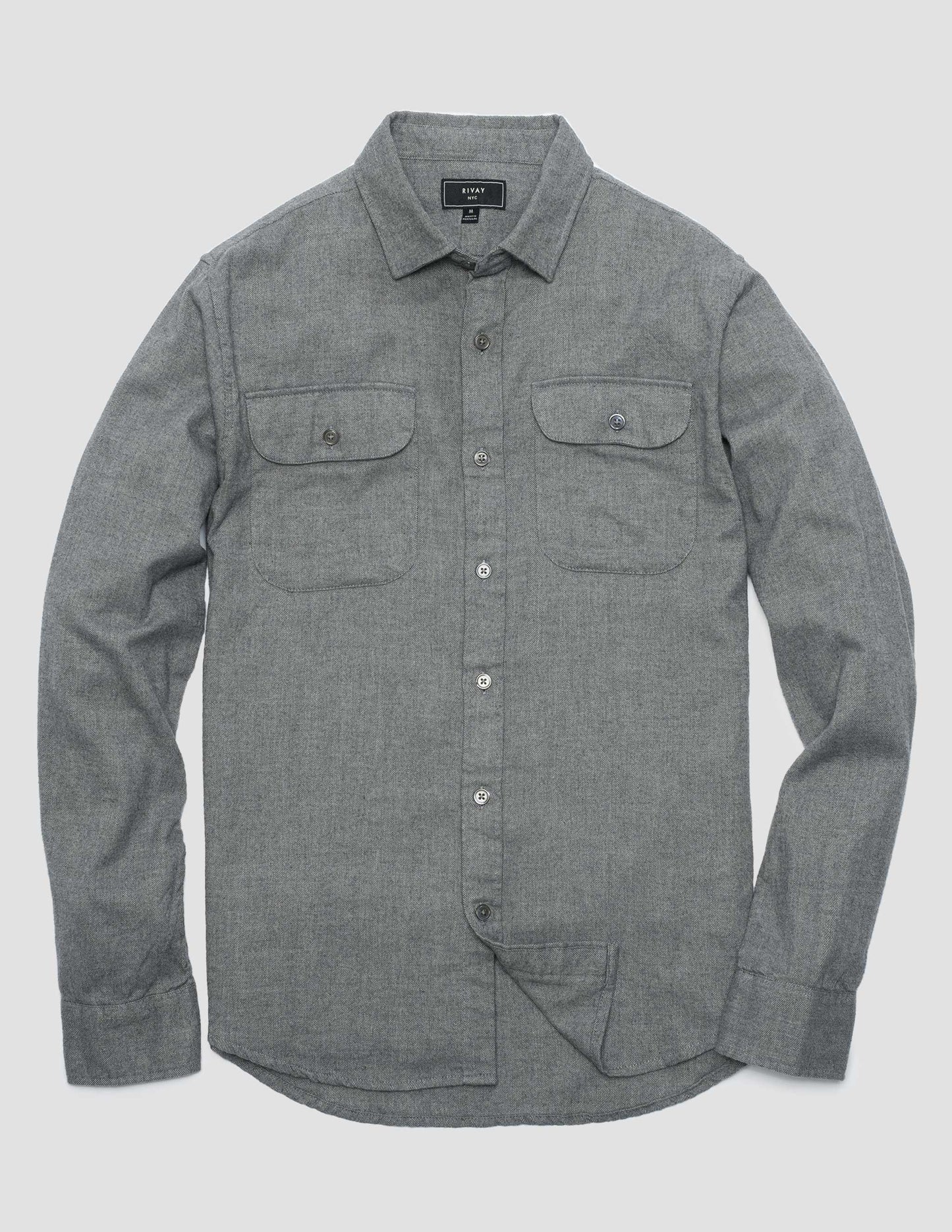 Rivay Miles Flannel Camp Shirt in Grey Herringbone