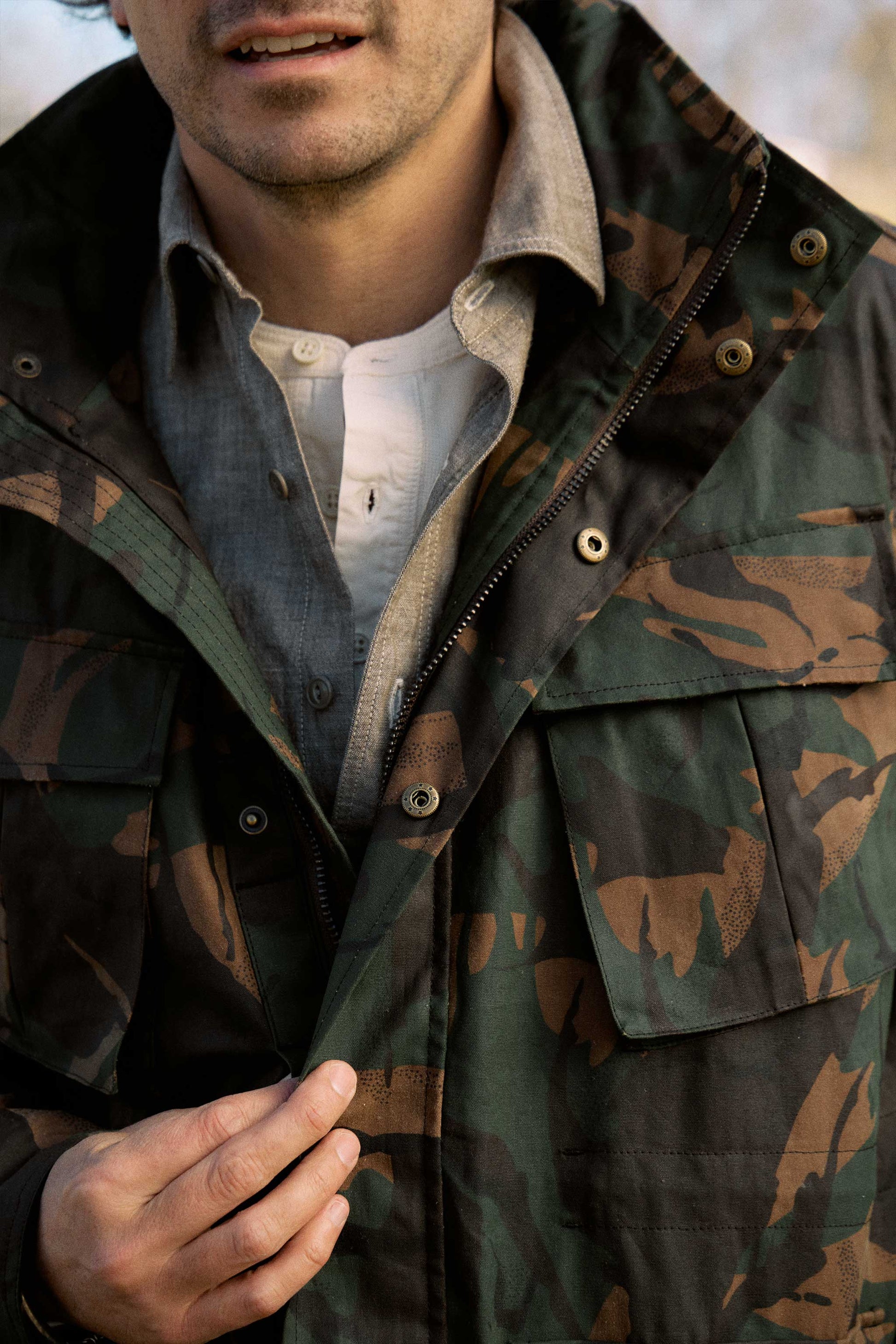 Waxed Cotton Field Jacket in British Woodlands Camo