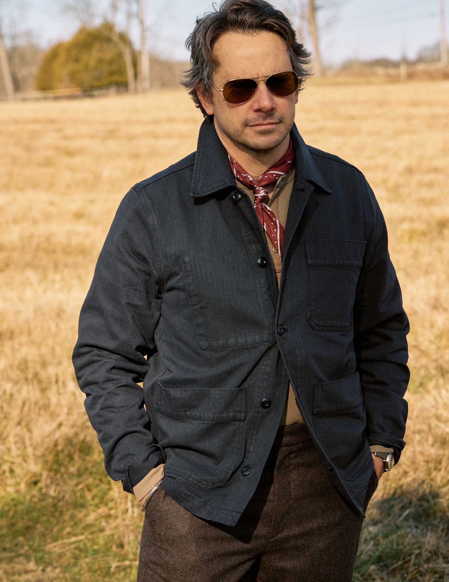 Japanese Cotton Herringbone Chore Jacket in Navy