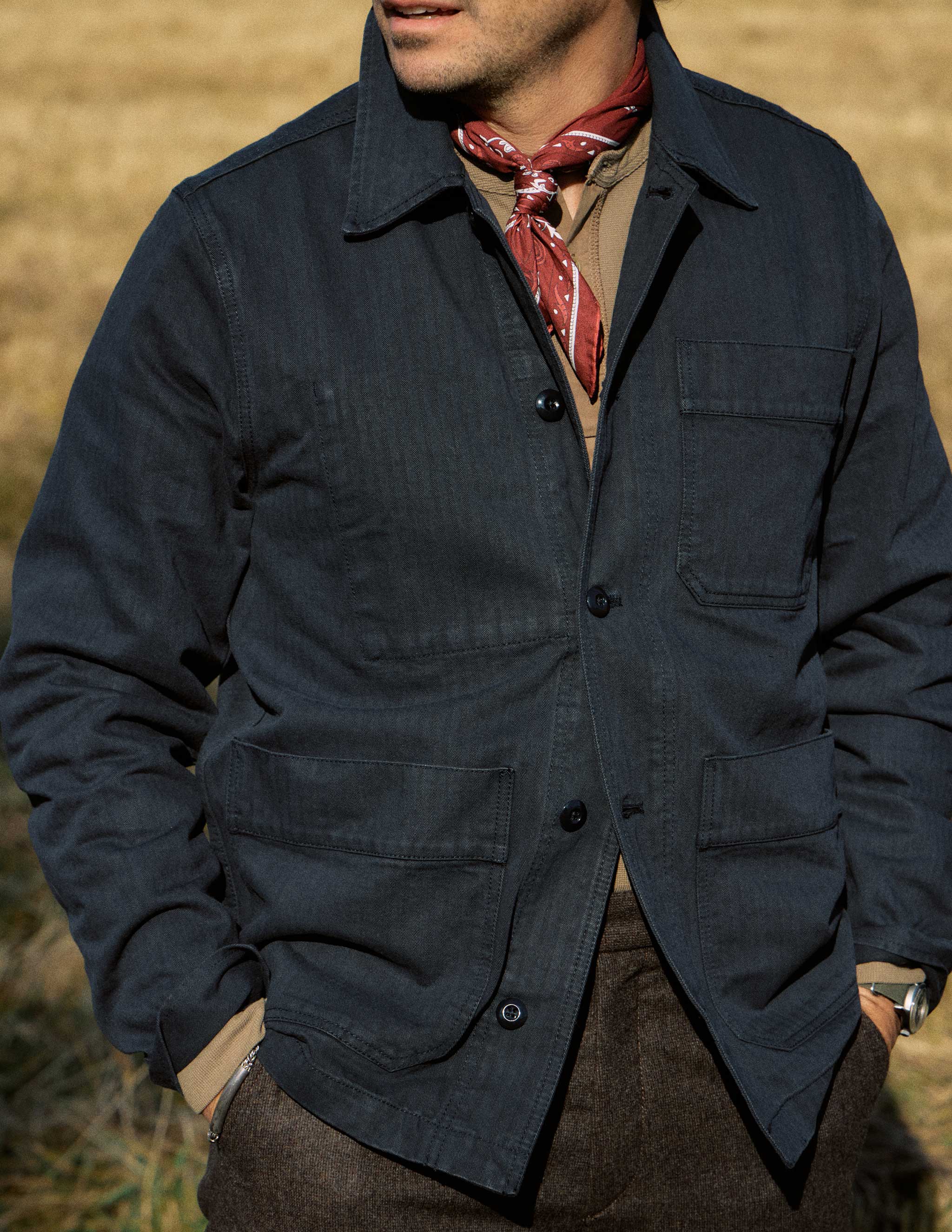 Japanese Cotton Herringbone Chore Jacket in Navy – RIVAY