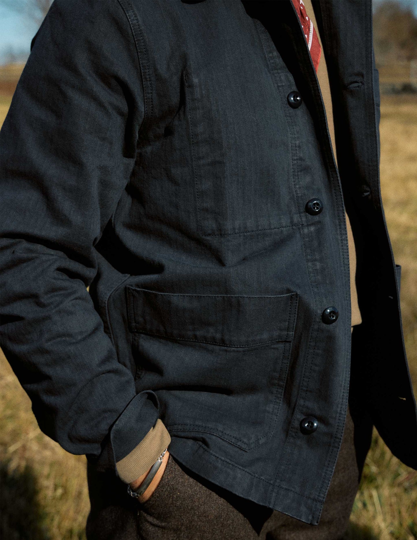 Japanese Cotton Herringbone Chore Jacket in Navy