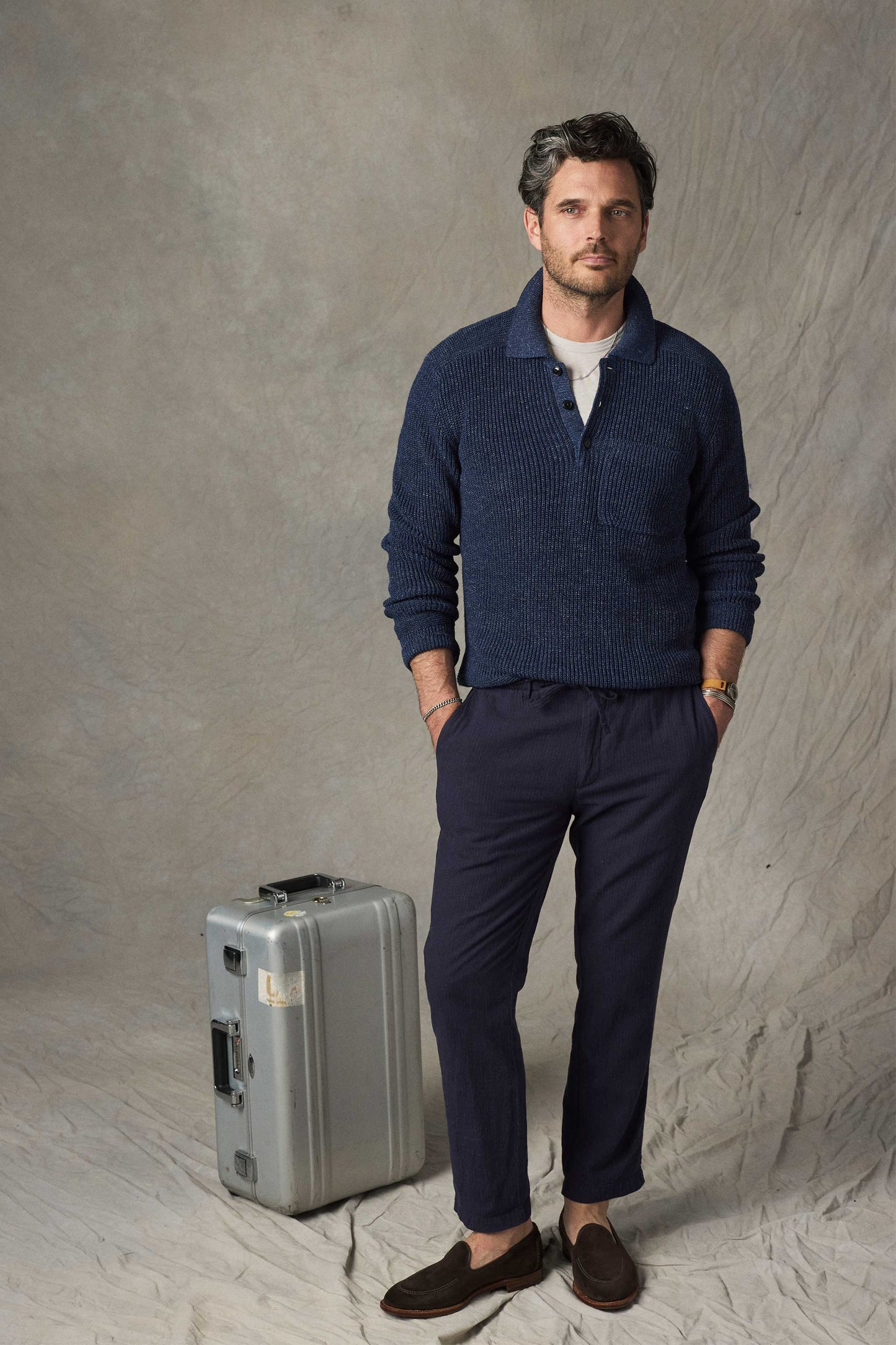 Rivay Ravello Cotton Linen Pant in Navy/Blue Stripe