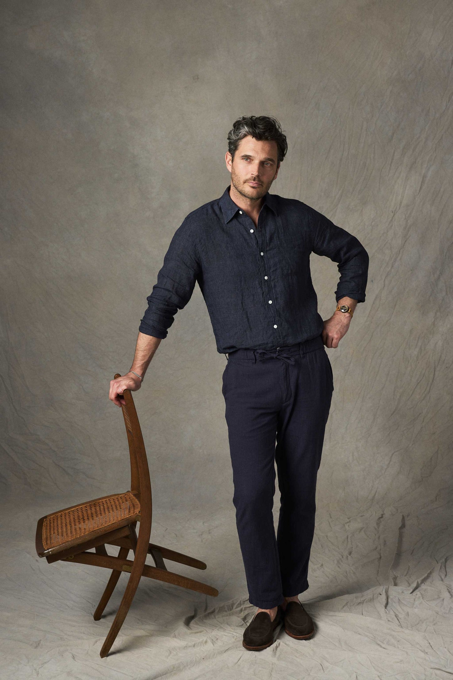 Rivay Ravello Cotton Linen Pant in Navy/Blue Stripe