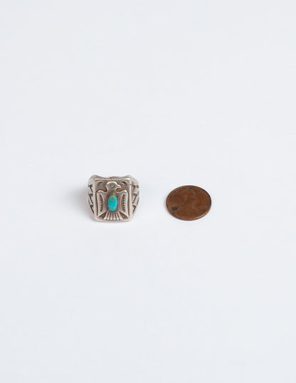 Early 1900's Sterling Silver & Turquoise Thunderbird Ring Size 8