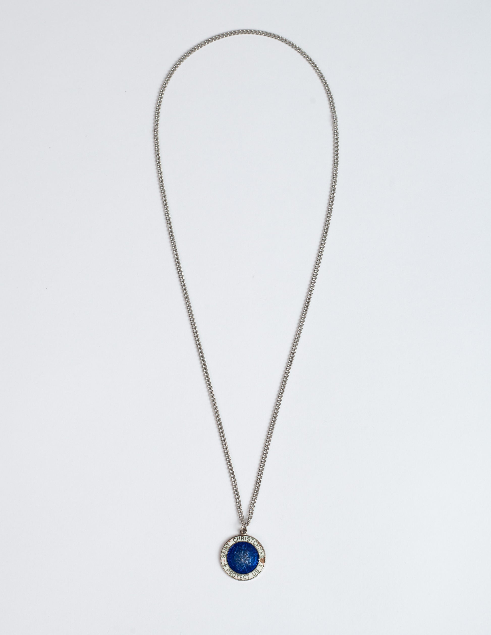 1960's Vintage Glass Blue & White 1" Saint Christopher Surfer Necklace