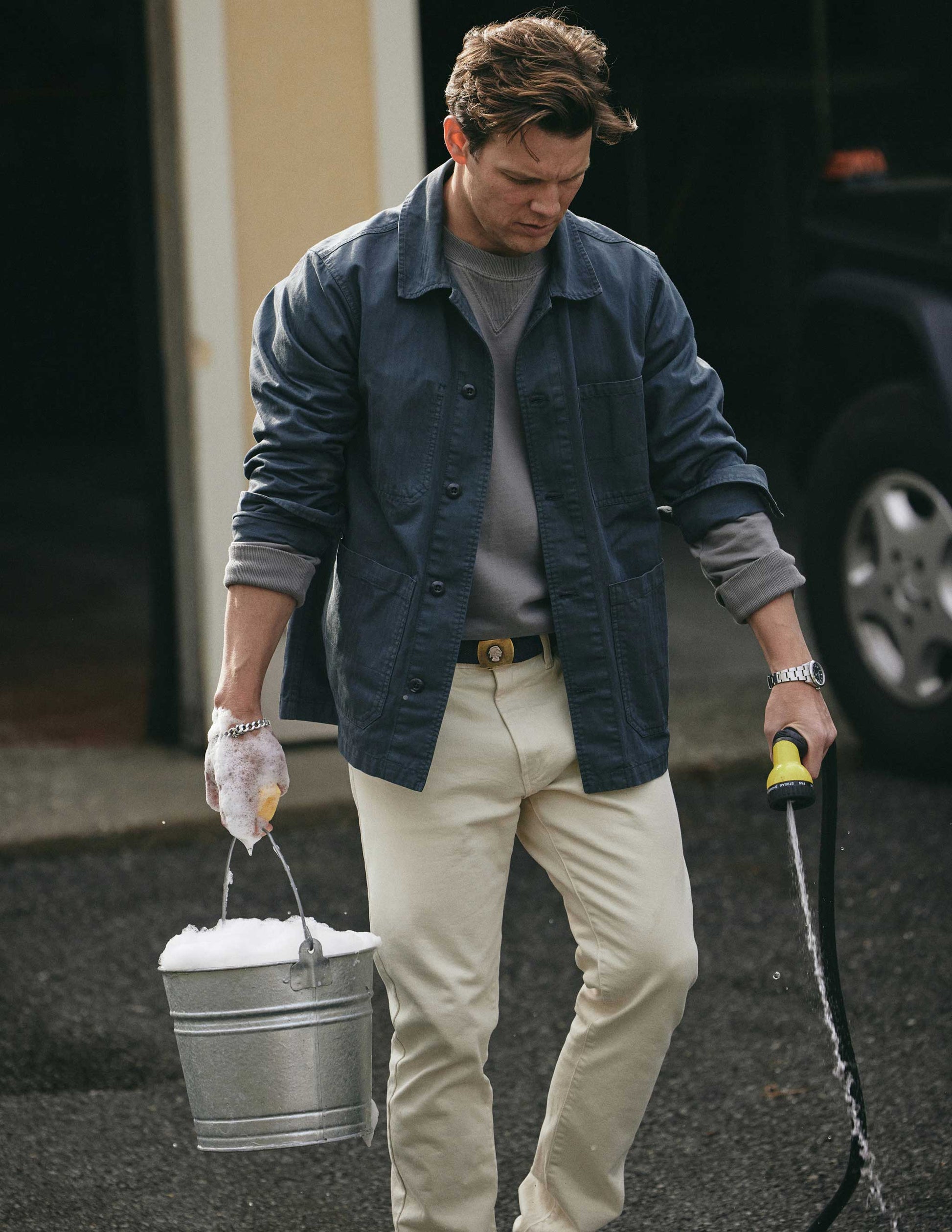 Rivay & A Continuous Lean Chore Jacket in Rivay Racing Green featuring Jake Lacy