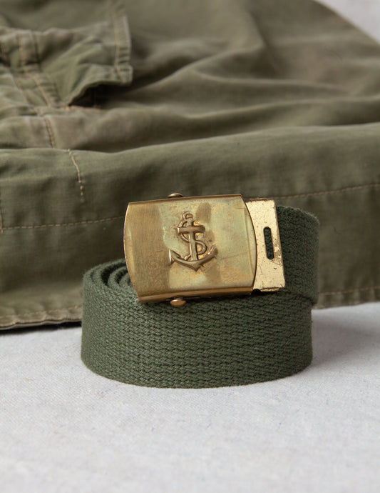 Vintage Olive Web Belt with Brass Anchor Buckle