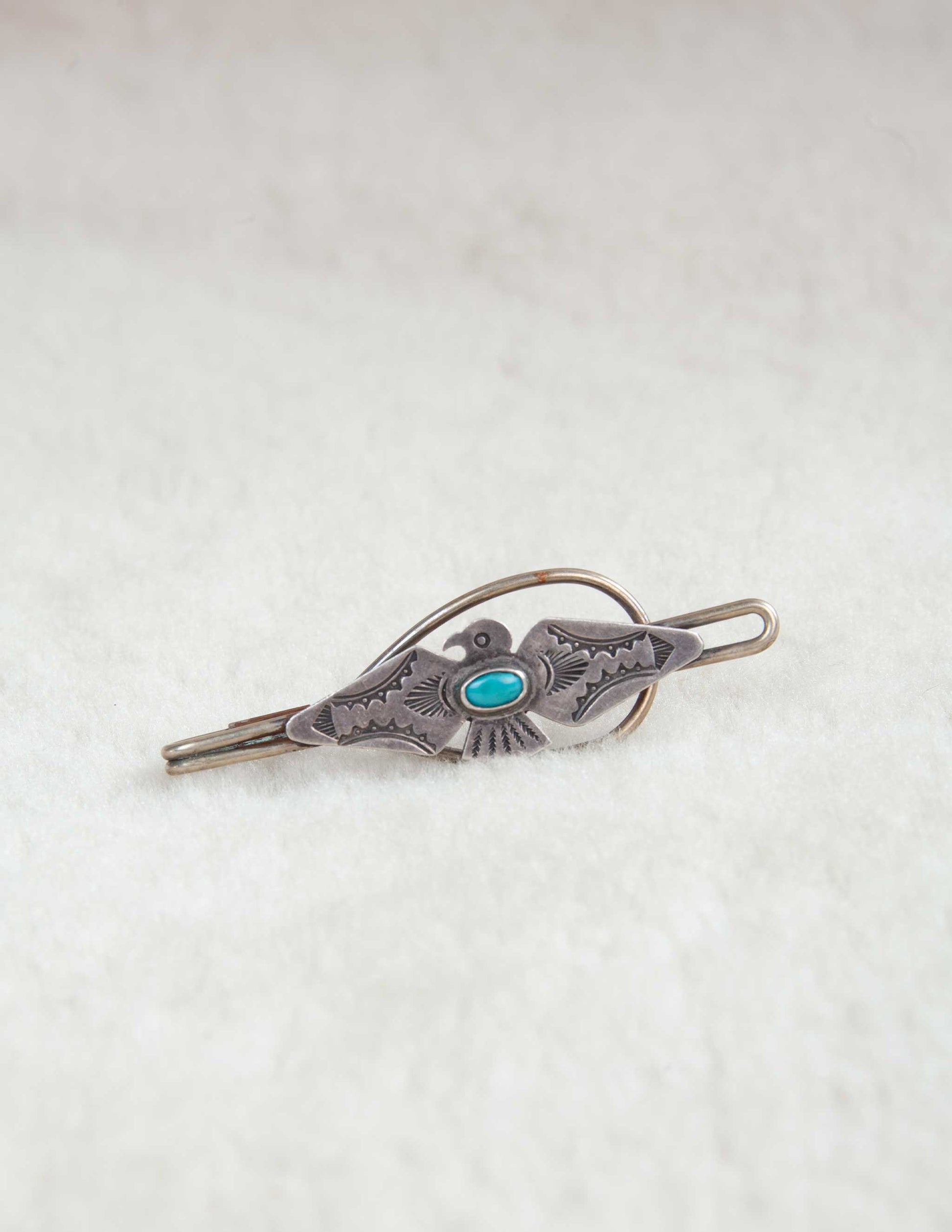 Vintage Sterling Silver Thunderbird Tie Bar with Turquoise Inlay