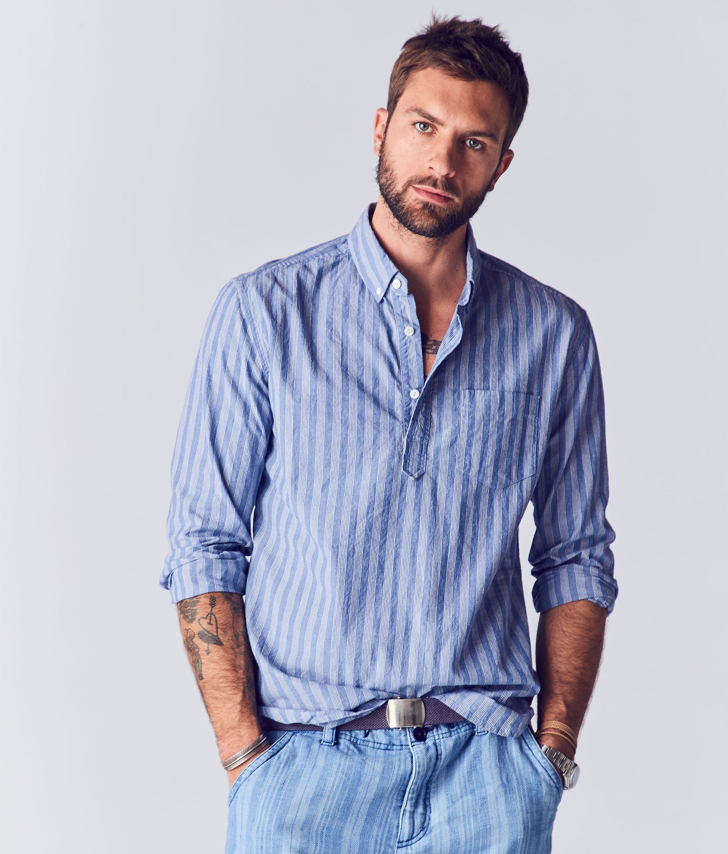 Calder Chambray Stripe Popover Shirt