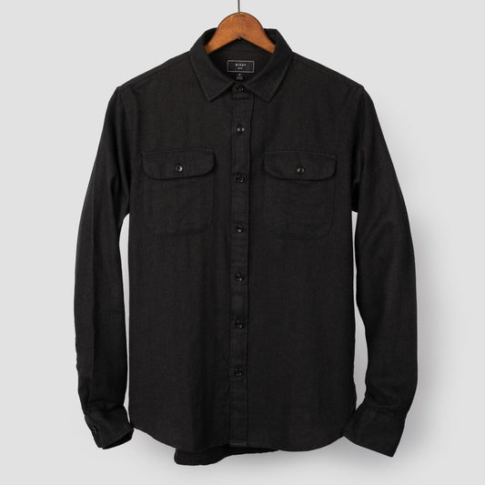 Miles Brushed Flannel Camp Shirt in Dark Olive Herringbone- SLIM FIT