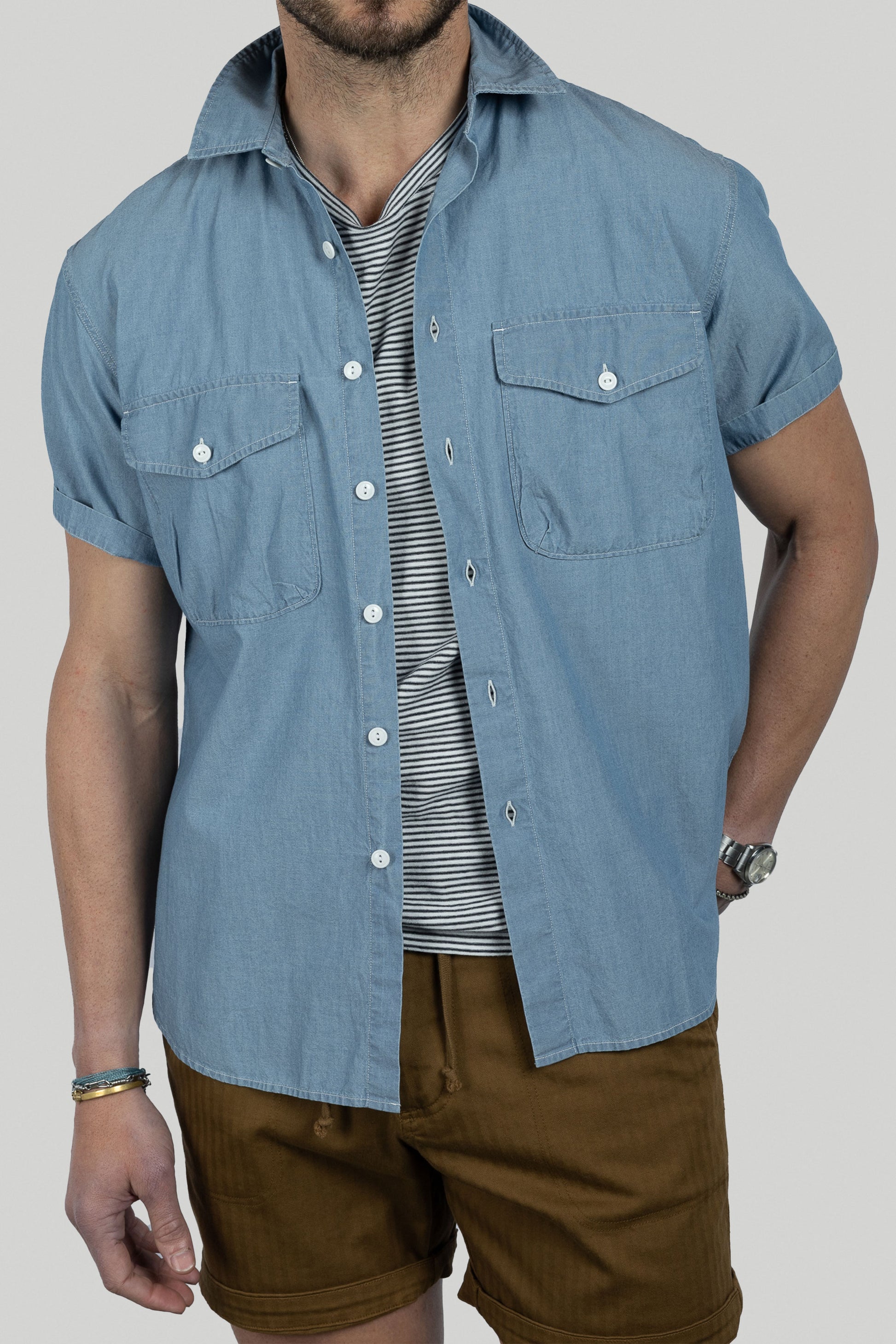 Rivay Gil Mens Short Sleeve Cotton Chambray Shirt